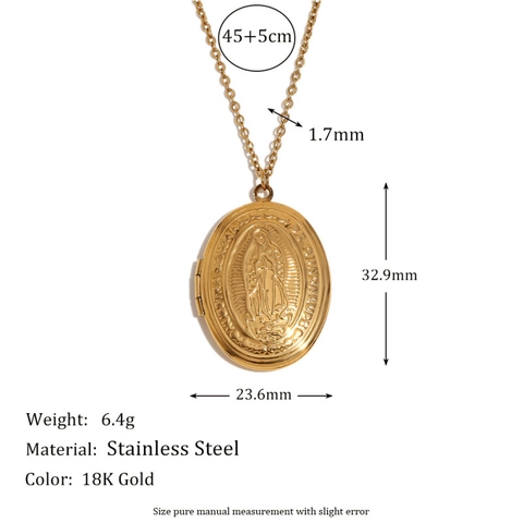 Stainless Steel Gold Plated Oval Locket Pendant Necklace Openable Religious Flower Mirror Vintage Fashion Jewelry For Women Gift