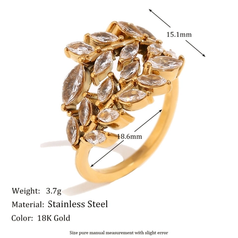 Anillo Abierto de Hoja de Acero Inoxidable Chapado en Oro de 18K para Mujer Rama de Diamantes de Imitación Marquise Joyería Ajustable