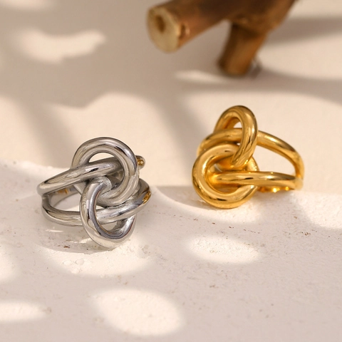Modern Stainless Steel Double Layer Knotted Twisted Ring For Women 18K Gold Plated Geometric Winding Minimalist Finger Ring Fashion Jewelry