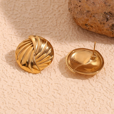 Orecchini a Bottone Tondi in Acciaio Inossidabile Vintage da Donna Placcati in Oro 18K Righe Intrecciate Gioielli Geometrici