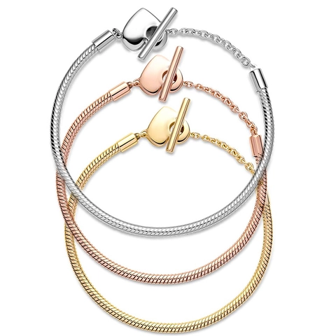 Fashion Heart T-Bar Snake Chain Bracelet For Women Copper Electroplated Gold Silver Rose Gold Trendy Jewelry Gift