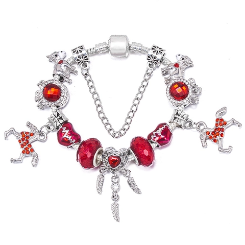 Women Romantic DIY Beaded Charm Bracelet Alloy Silver Plated Snake Chain With Unicorn Horse Heart Pendant Fashion Jewelry Gift