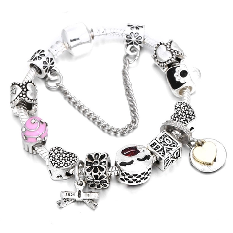 Damen Herz Charm Armband Legierung DIY Schlangenkette Emaille Perlen Strass Herz Schloss Schlüssel Anhänger Mode Schmuck