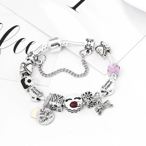 Damen Herz Charm Armband Legierung DIY Schlangenkette Emaille Perlen Strass Herz Schloss Schlüssel Anhänger Mode Schmuck