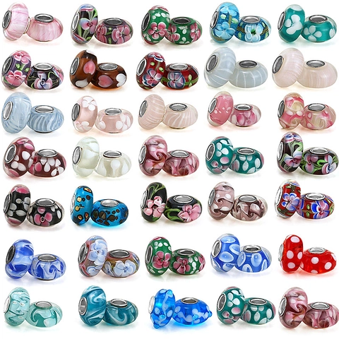 Large Hole Glass Beads Lampwork Charms Floral Swirl Pattern Metal Core For DIY Bracelet Jewelry Making Women Accessory Gift