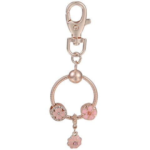 Roségold Metall Schlüsselanhänger Mit Rosa Emaille Blumen Anhänger Strass Schlangenkette Ring Hummerverschluss Tasche Anhänger