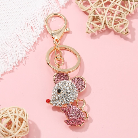 Cute Alloy Rhinestone Mouse Keychain Gold Plated Animal Bag Charm Pink White Crystal Car Key Pendant For Women Fashion Gift