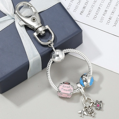 Portachiavi con Ciondoli Smaltati Tema Viaggio Aereo Mappamondo Valigia in Lega con Strass Accessorio per Borsa Regalo