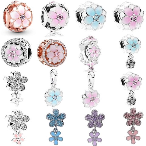 Floral Magnolia Flower Beads DIY Bracelet Charms Alloy Enamel Rhinestone Sakura Daisy Beads For Jewelry Making Women Accessories