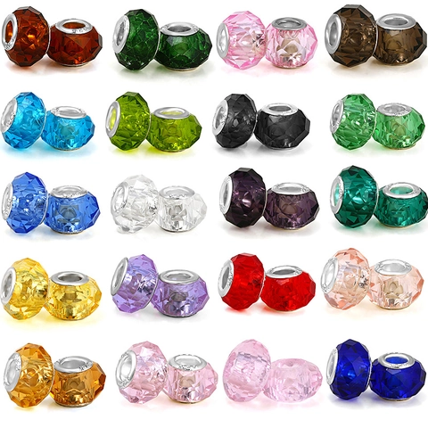 Faceted Glass Large Hole Beads With 925 Sterling Silver Core DIY Charm Beads For Bracelets Necklaces Jewelry Making