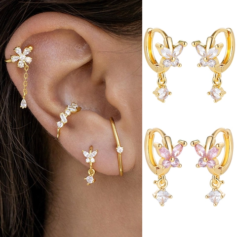 Boucles d'Oreilles Créoles Papillon en Acier Inoxydable Plaqué Or 18K Zirconia Boucles d'Oreilles Pendantes Bijoux Élégants