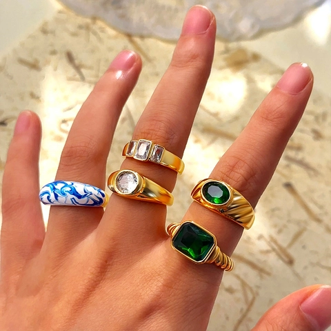 Vintage 18K Gold Plated Square Zircon Ring Women Blue White Enamel Marble Pattern Geometric Gemstone Finger Ring Jewelry