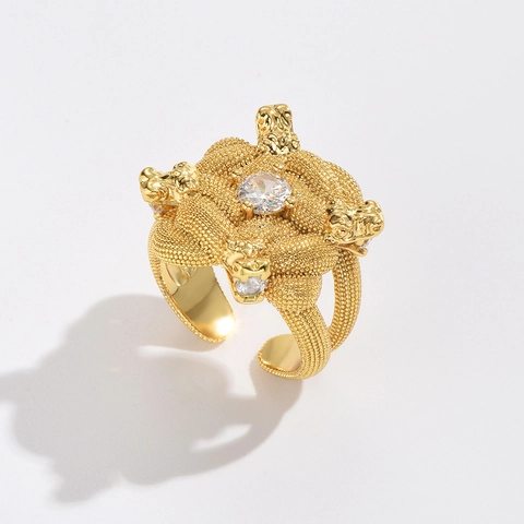 Vintage 18K Verguld Koperen Ring Voor Vrouwen Zirkonia Ingelegd Verstelbaar Open Esthetische Sieraden Ring Cadeau