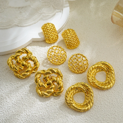 Pendientes de Aro Vintage de Aleación de Zinc Chapado en Oro de 18K Nudo de Cuerda Tejida Pendientes de Botón Huecos para Mujer Joyería