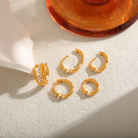 Gold Plated Copper Zirconia Earring Set Rhinestone Huggie Hoop Earrings And Layered Ear Cuffs For Women Vintage Jewelry