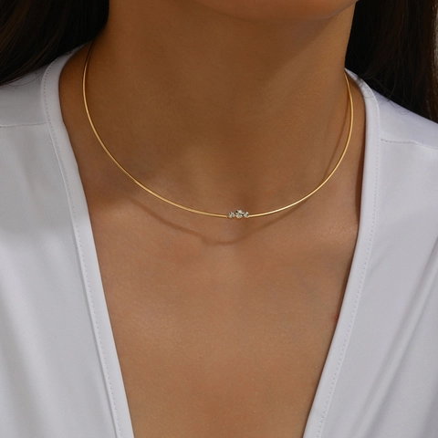 18K Gold Plated Stainless Steel Rhinestone Choker Necklace For Women Minimalist Geometric Round Thin Collar Bone Chain Jewelry