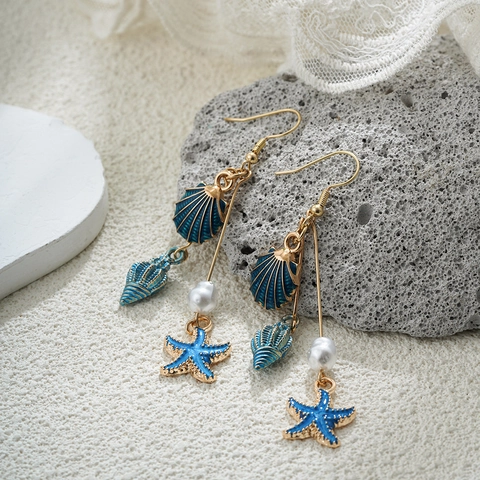 Boucles d'Oreilles Pendantes Thème Océan Bohème Coquillage Étoile de Mer Émail Künstliche Perle Alliage Plaqué Or Bijoux de Vacances Femme