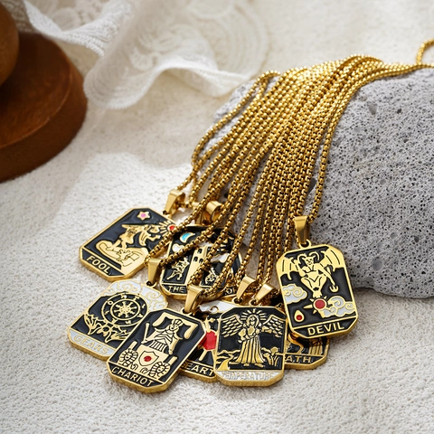 Vintage Stainless Steel Tarot Card Pendant Necklace Colorful Enamel Sun Moon Star Mystical Bohemian Jewelry For Women Men