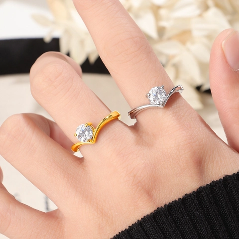 Moderner Minimalistischer Titanstahl V-Form Zirkonia Ring Für Damen Gold Silber Galvanisiert Solitär Hochzeitsband Schmuck