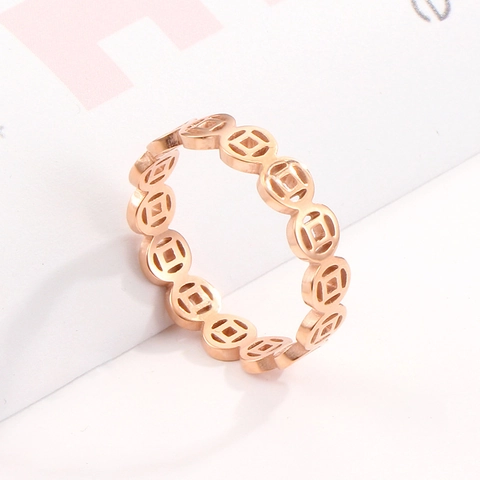 Vintage Hollow Chinese Fortune Copper Coin Ring Titanium Steel Electroplated Rose Gold Band Ring For Women Fashion Jewelry