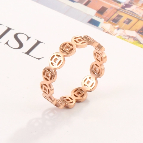 Vintage Hollow Chinese Fortune Copper Coin Ring Titanium Steel Electroplated Rose Gold Band Ring For Women Fashion Jewelry