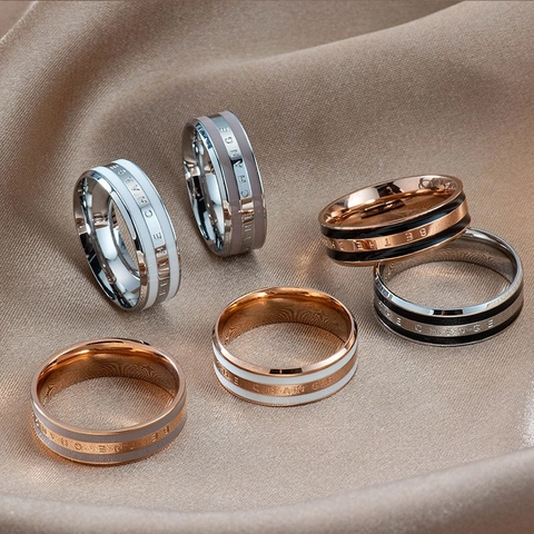 Titanstahl Band Ring 18K Roségold Vergoldet Emaille Tropfkleber Be The Change Buchstabe Graviert Breit Pärchen Schmuck
