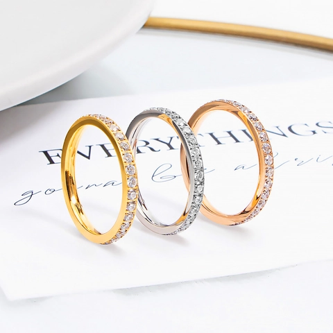 Minimalistischer Titanstahl Ewigkeit Ring Für Damen Pave Zirkonia Eingelegt Gold Silber Roségold Galvanisierter Bandring Schmuck