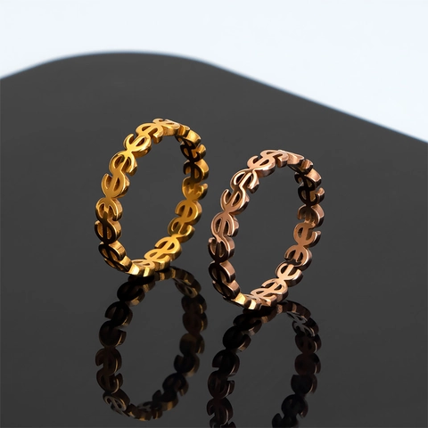 Hip Hop Hollow Dollar Sign Ring Personalized Stainless Steel Gold Rose Gold Polished Currency Symbol Finger Jewelry