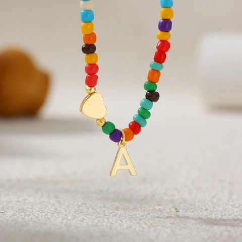 Colorful Rainbow Beaded Necklace With Stainless Steel Chain Gold Heart Initial Letter Pendant Adjustable Women Boho Jewelry