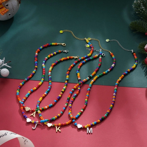 Colorful Rainbow Beaded Necklace With Stainless Steel Chain Gold Heart Initial Letter Pendant Adjustable Women Boho Jewelry