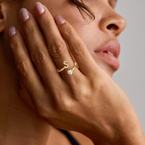 18K Gold Plated Copper Letter Open Ring For Women Minimalist Zirconia Inlaid Heart Initial Finger Ring Fashion Jewelry Gift