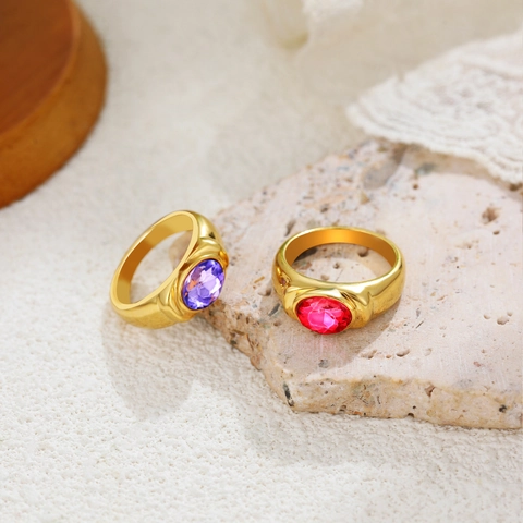 Vintage 18K Gold Plated Copper Oval Cubic Zirconia Ring Elegant Emerald Green Amethyst Purple Crystal Statement Ring Fashion Jewelry For Women