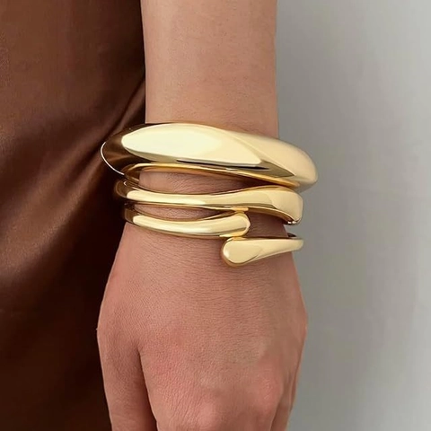 14K Gold Plated Alloy Bangle Minimalist Open Cuff Bangle Bracelet Layered Water Drop Wave Style For Women Fashion Jewelry