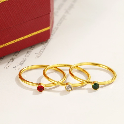 Minimalistischer Titanstahl Zirkon Ring Für Damen Gold Beschichtet Dünner Runder Roter Weißer Grüner Edelstein Fingerring Schmuck