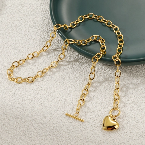 Stainless Steel Heart Pendant Toggle Clasp Necklace And Bracelet For Women Chunky Chain Gold Silver Minimalist Jewelry Accessory
