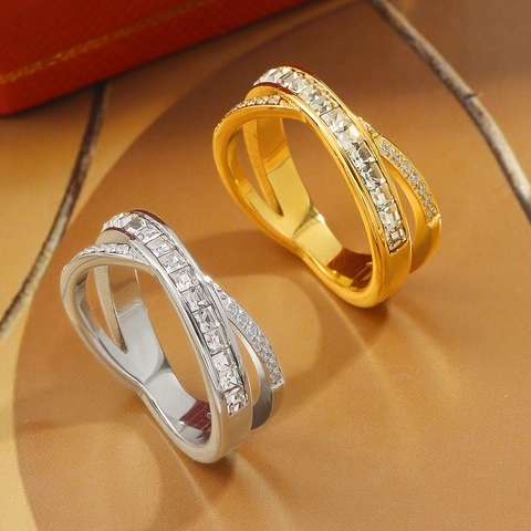 Luxus Titanstahl Überkreuzter Zirkonia Ring Für Damen Herren Quadratisch Rund CZ Eingelegt Gold Silber Überzogener Fingerring
