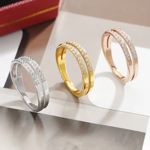 Mode Titanstahl Doppelschicht Ring Pave Zirkonia Eingelegt Gold Silber Roségold Minimalistisch Fingerring Für Damen Schmuck