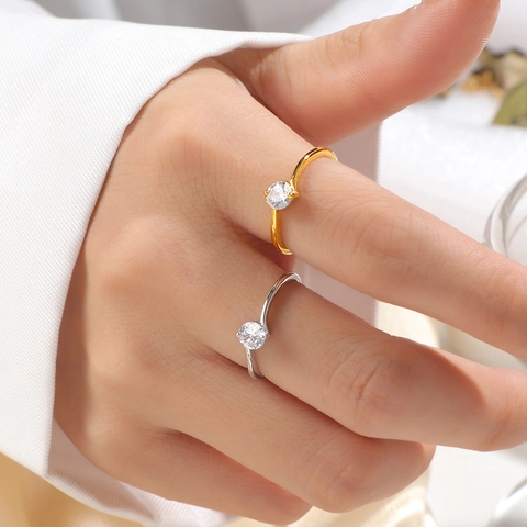 Minimalistischer Titanstahl Einzel Zirkonia Ring Für Damen Eleganter Gold Silber Farbe Geometrischer Hochzeit Fingerring Schmuck