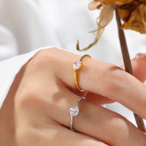 Minimalistischer Titanstahl Einzel Zirkonia Ring Für Damen Eleganter Gold Silber Farbe Geometrischer Hochzeit Fingerring Schmuck