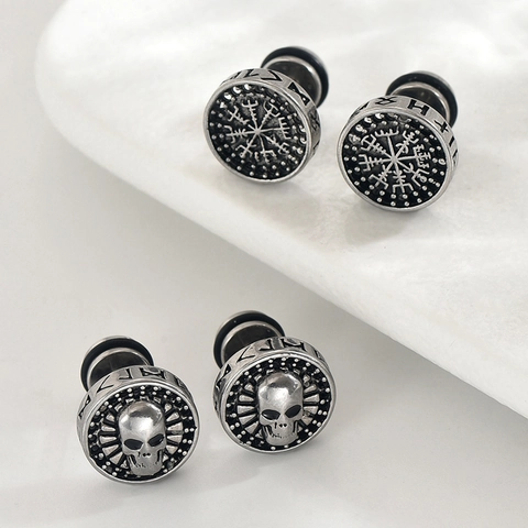 Vintage Stainless Steel Stud Earrings For Men Viking Vegvisir Compass Skull Pattern Distressed Punk Gothic Jewelry Ear Studs