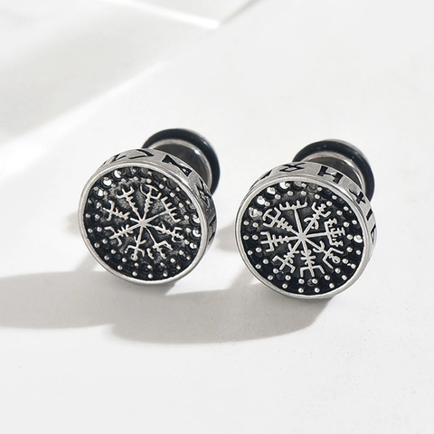 Vintage Stainless Steel Stud Earrings For Men Viking Vegvisir Compass Skull Pattern Distressed Punk Gothic Jewelry Ear Studs