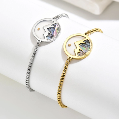Stainless Steel Round Mountain Pendant Bracelet With Abalone Shell Inlay Adjustable Box Chain Inspirational Quote Jewelry