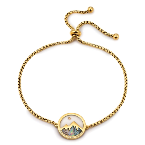 Stainless Steel Round Mountain Pendant Bracelet With Abalone Shell Inlay Adjustable Box Chain Inspirational Quote Jewelry