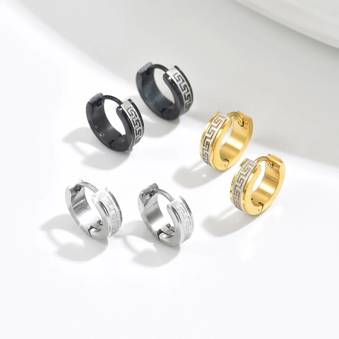 Vintage Stainless Steel Greek Key Hoop Earrings For Men Women Geometric Meander Engraved Small Huggie Earring Jewelry