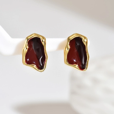 Vintage Irregular Geometric Enamel Stud Earrings For Women Stainless Steel 316L Post Burgundy White Marble Jewelry Earrings