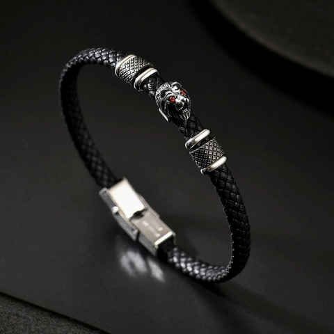 Men Stainless Steel Lion Head Braided Leather Bracelet Vintage Hip Hop Jewelry Gift For Boys Stylish Black Cord Wristband