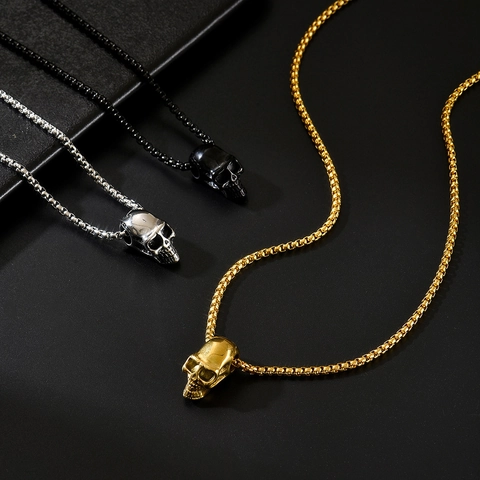 Stainless Steel Skull Pendant Necklace For Men Punk Gothic Style Gold Silver Black Box Chain Jewelry Personalized Gift