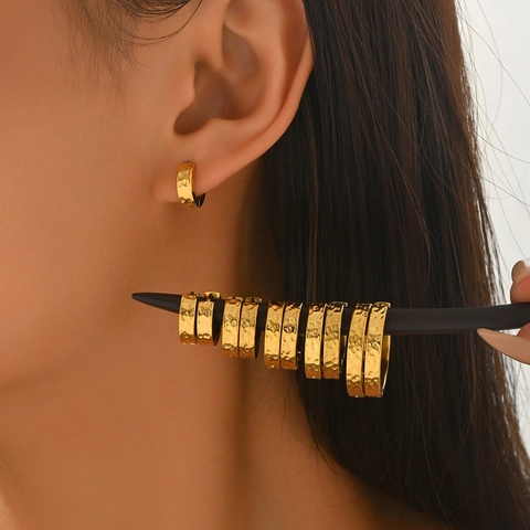 Vintage Hammered Texture Stainless Steel Hoop Earrings For Women Minimalist Gold Silver Plated Round Geometric Commute Jewelry