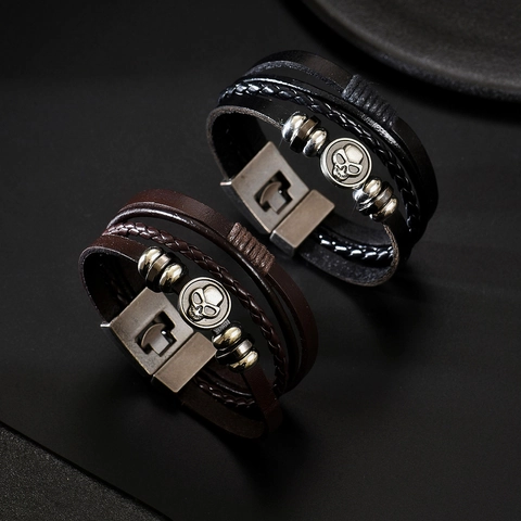 Vintage Punk Multilayer Woven Leather Bracelet For Men Alloy Skull Charm Retro Biker Handcuff Jewelry Accessory Wristband Gift