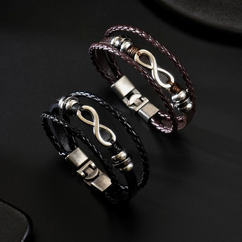 Men's Vintage Multi-layer Artificial Leather Woven Bracelet Infinity Symbol Alloy Charm Retro Braided Hand Jewelry Bangle For Men